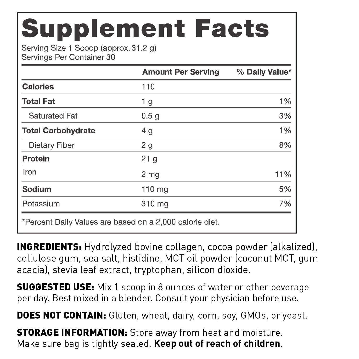 AMMD Paleo Protein Double Chocolate Supplement Facts Panel.