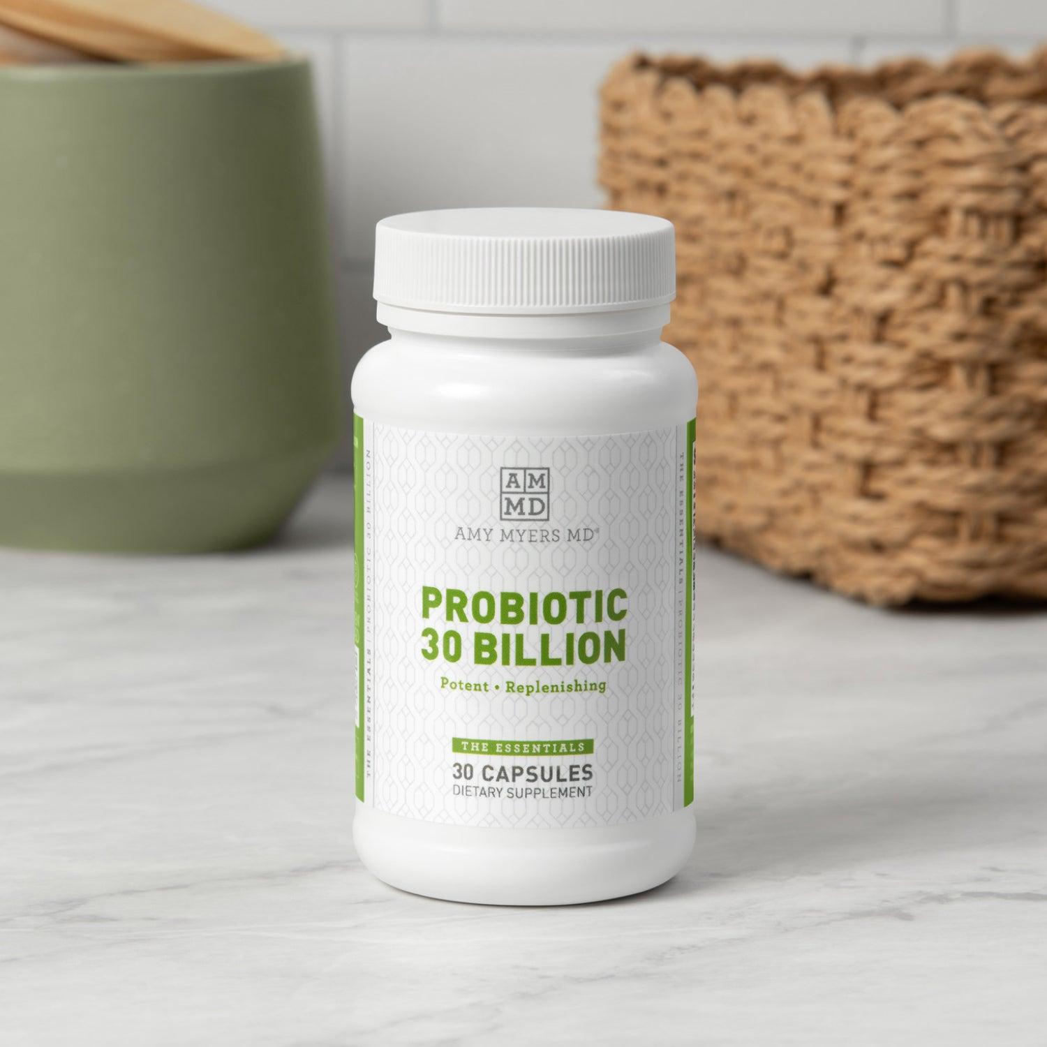 A bottle of Probiotic 30 billion with capsules on a countertop - Front Image - Amy Myers MD®