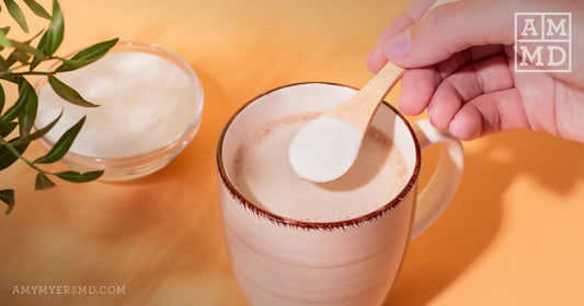 Stirring a scoop of collagen into hot beverage - How to Fix Leaky Gut with Collagen - Amy Myers MD®