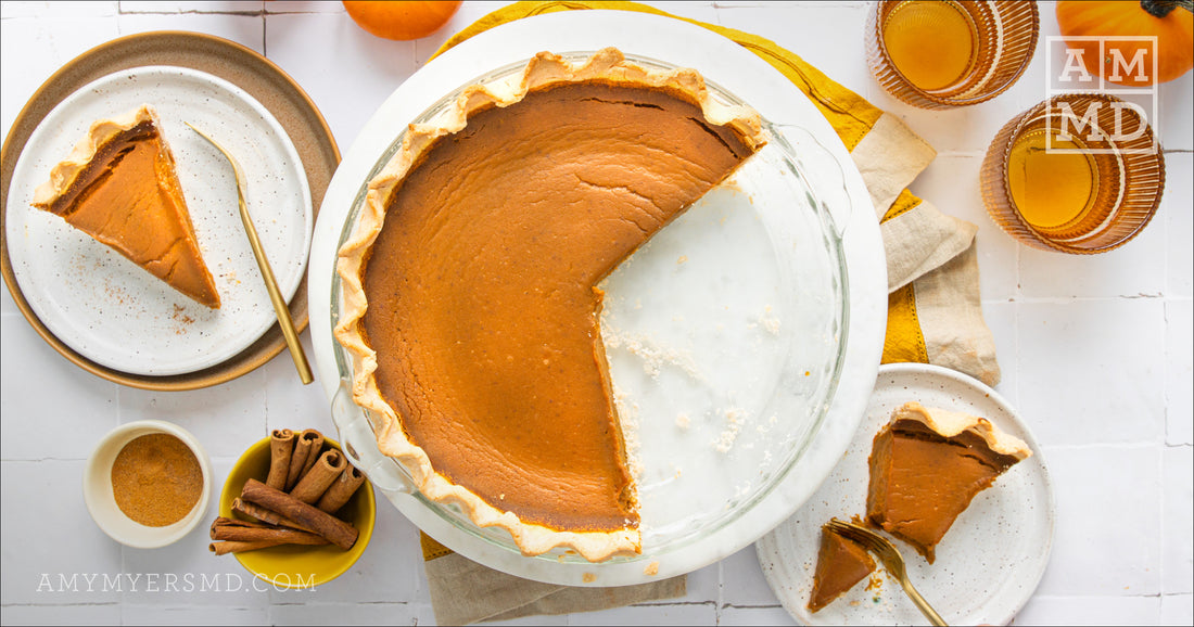 Overhead view of pumpkin pie and pie slices - Amy Myers MD®