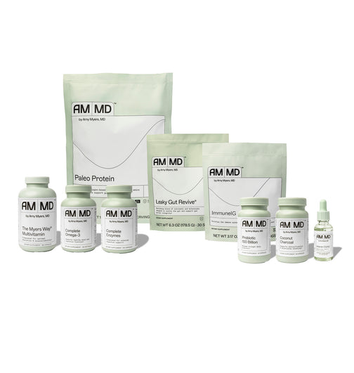 AMMD Autoimmune Protocol product shot, including, The Myers Way™, Complete Omega-3, Paleo Protein Vanilla Bean, Leaky Gut Revive, ImmuneIG, Probiotic 100 Billion, Coconut Charcoal, and Vitamin D3/K@ liquid. 