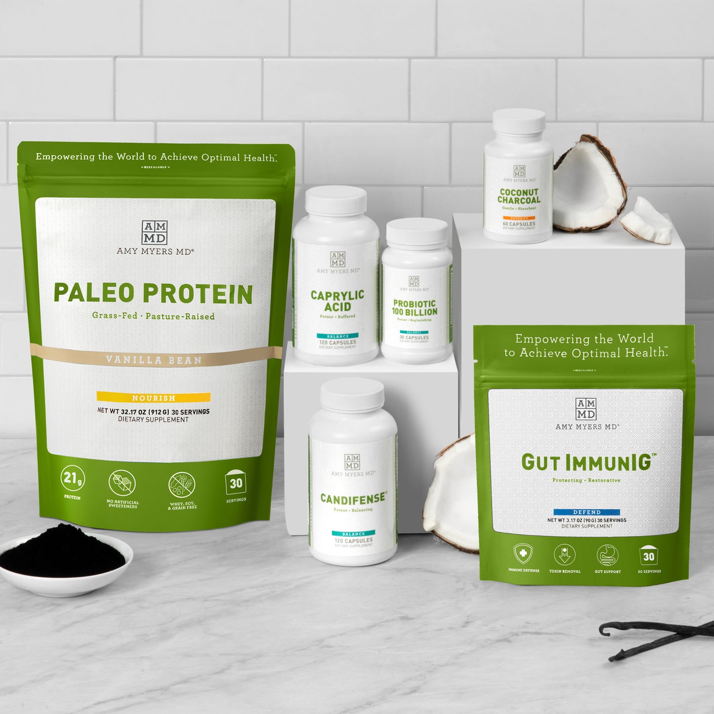 Probiotic 100 Billion, Coconut Charcoal, and Gut ImmunIGThe Myers Way® Candida Breakthrough Program, featuring: Paleo Protein - vanilla Bean, Caprylic Acid, Candifense,  