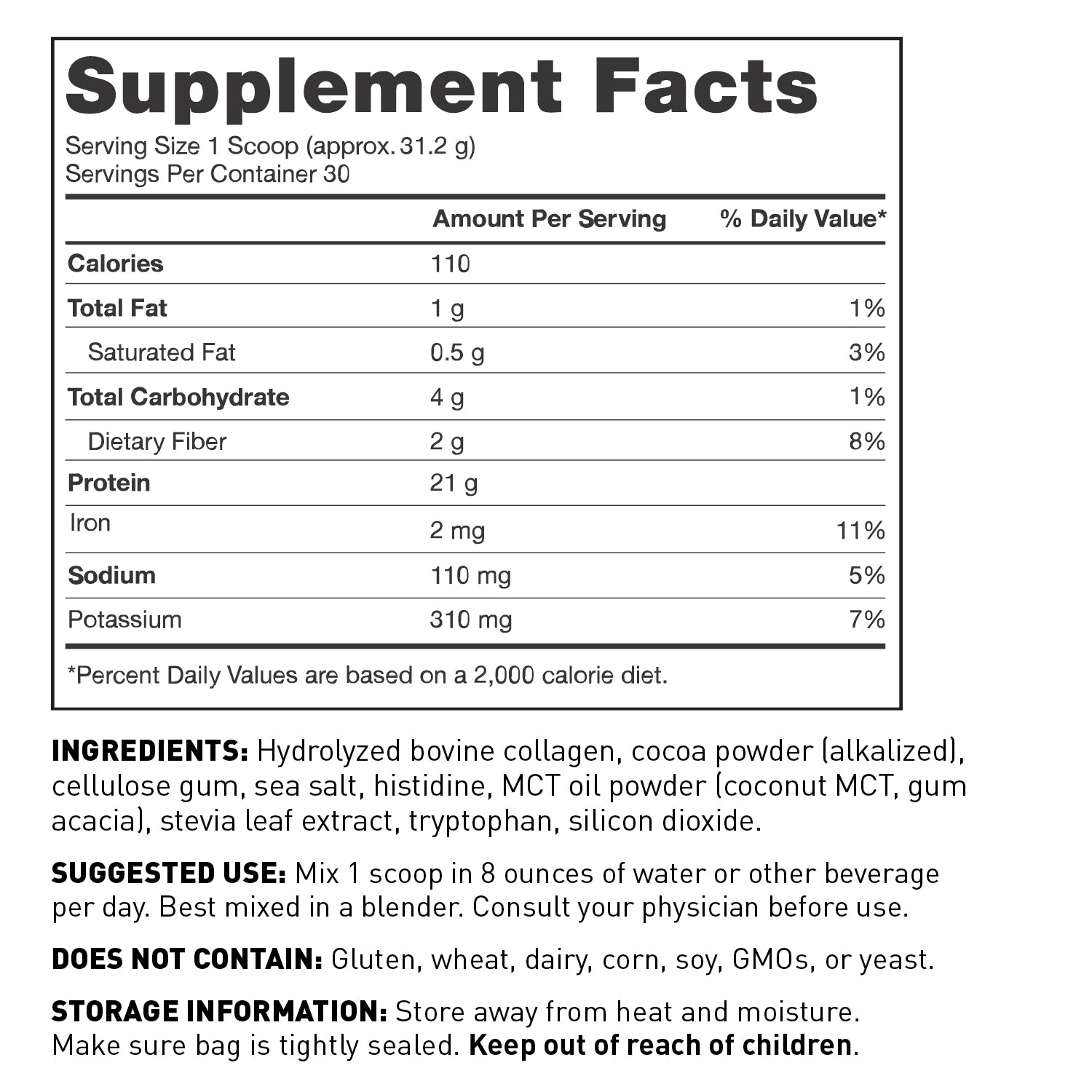 AMMD Paleo Protein Double Chocolate Supplement Facts Panel.