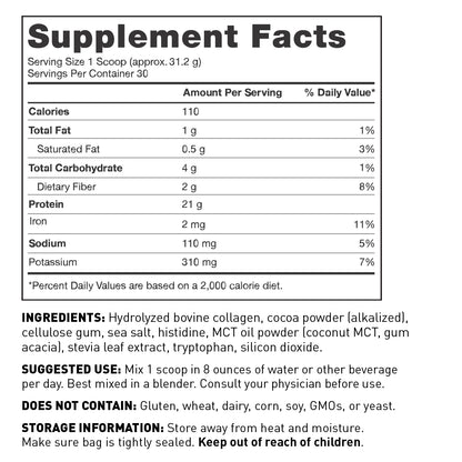 AMMD Paleo Protein Double Chocolate Supplement Facts Panel.