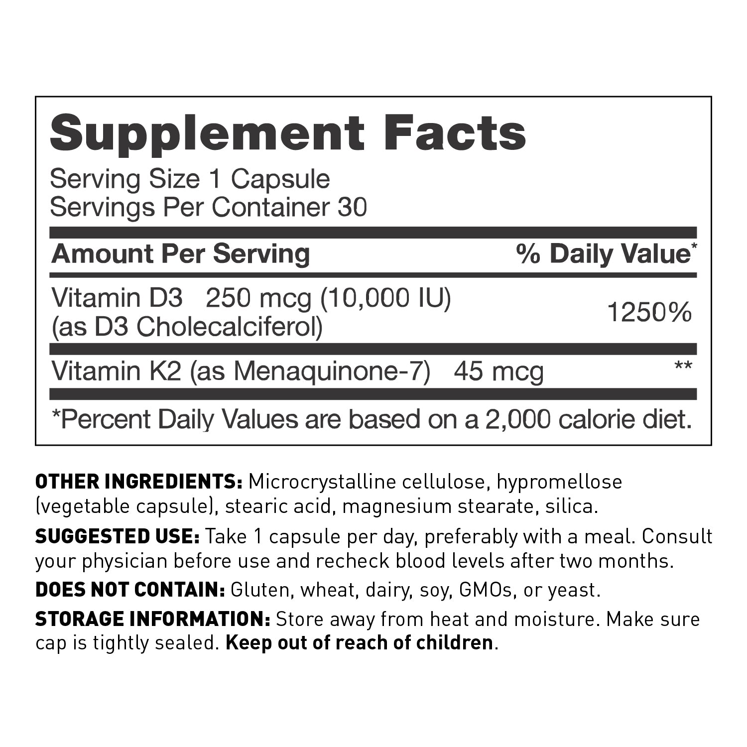 Vitamin D3 10000 IU with K2, 30 capsules - supplement facts - Amy Myers MD®