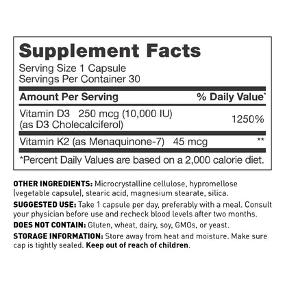 Vitamin D3 10000 IU with K2, 30 capsules - supplement facts - Amy Myers MD®