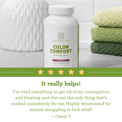 Colon comfort review: "It really helps! I've tried everything to get rid of my constipation and bloating, and this was the only thing that's worked consistently for me. Highly recommend for anyone struggling to find relief!" Cheryl T.