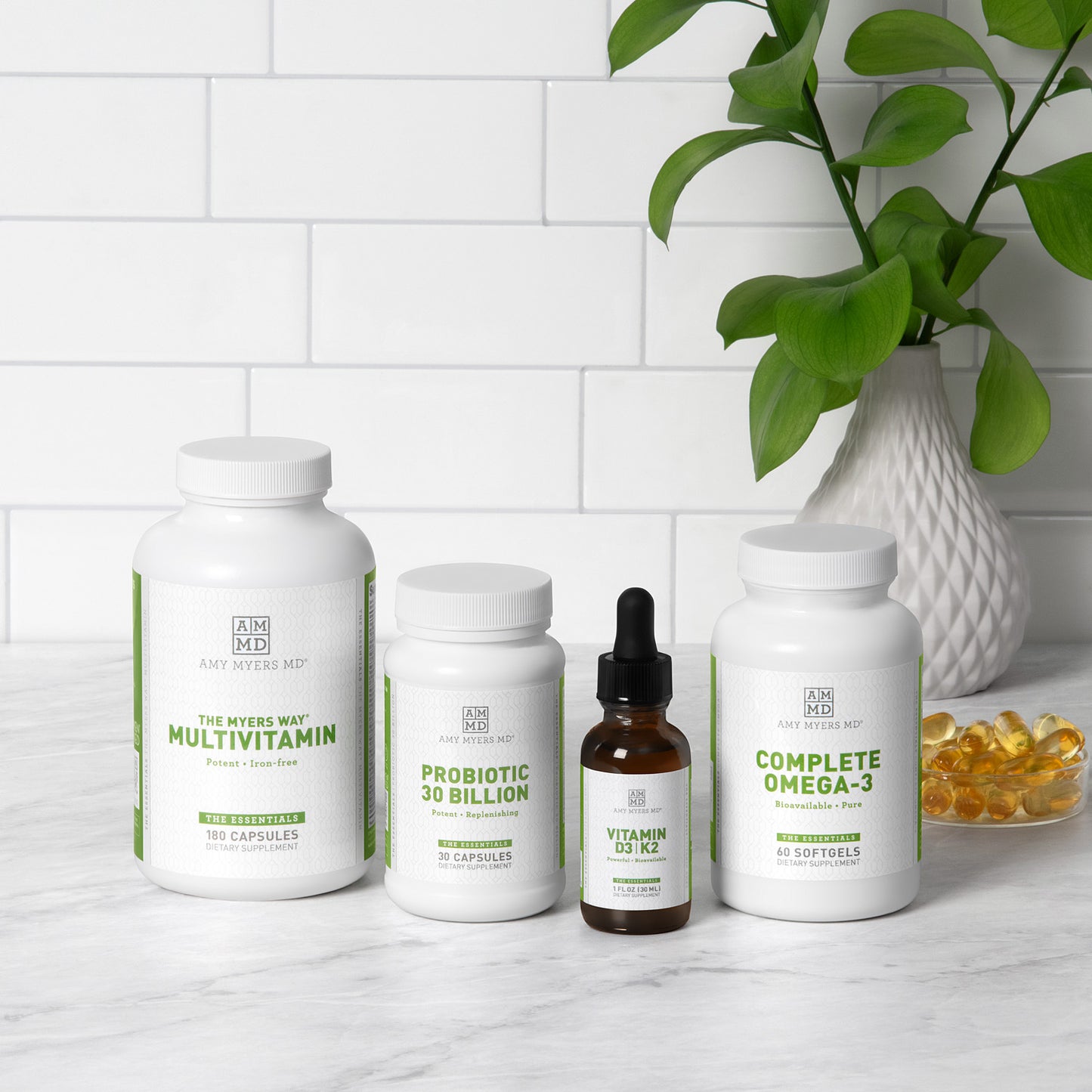 Essenitlas Kit, with The Myers Way® Multivitamin, Probiotic 30 Billion, Vitamin D3|K2 Liquid, and Complete Omega-3