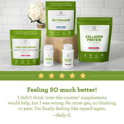 Product review: "Feeling SO much better! I didn't think 'over-the-counter' supplements would help, but I was wrong. No gas, no bloating, or pain. I'm finally feeling like myself again." -Kelly G