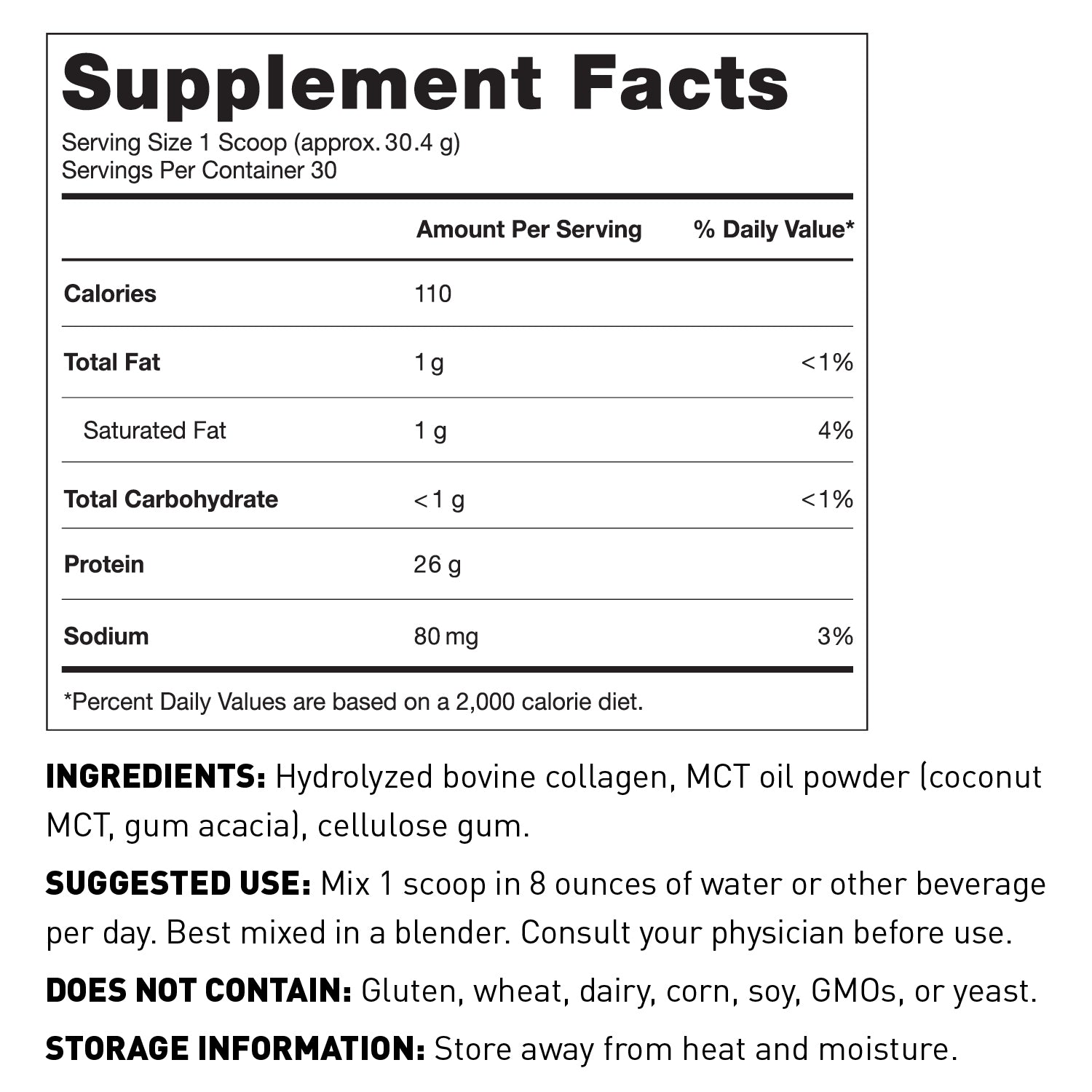 Supplement Facts Panel Serving size 30.4g (Approx. 1 scoop) Servings per container 30; 110 Calories 26g Protein 1g Total Carbohydrate 1g Total Fat 80mg Sodium 130mg Potassium Other ingredients Hydrolyzed Bovine Collagen, cellulose gum, MCT Oil Powder (coconut MCT and Gum Acacia) Suggested use Mix 1 scoop in 8 oz of liquid per day. Consult your physician before use Does not contain Gluten, wheat, dairy, soy, GMOs, or yeast. Store away from heat and moisture. Keep out of reach of children.