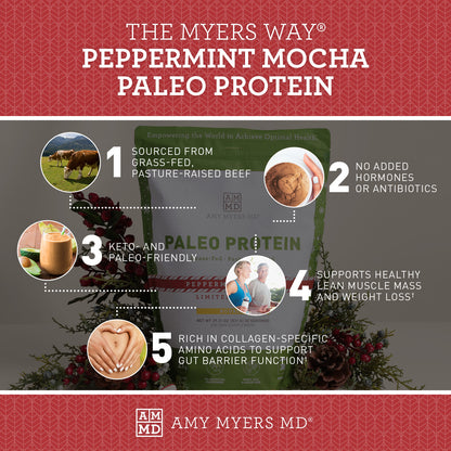 The Myers Way® Peppermint Mocha Paleo Protein. 1. Sourced from grass-fed, pasture beef. 2. No added hormones or antibiotics. 3. Keto-and paleo-friendly. 4. Supports healthy lean muscle mass and weight loss†. 5. Rich in collagen-specific amino acids to support gut barrier function†.