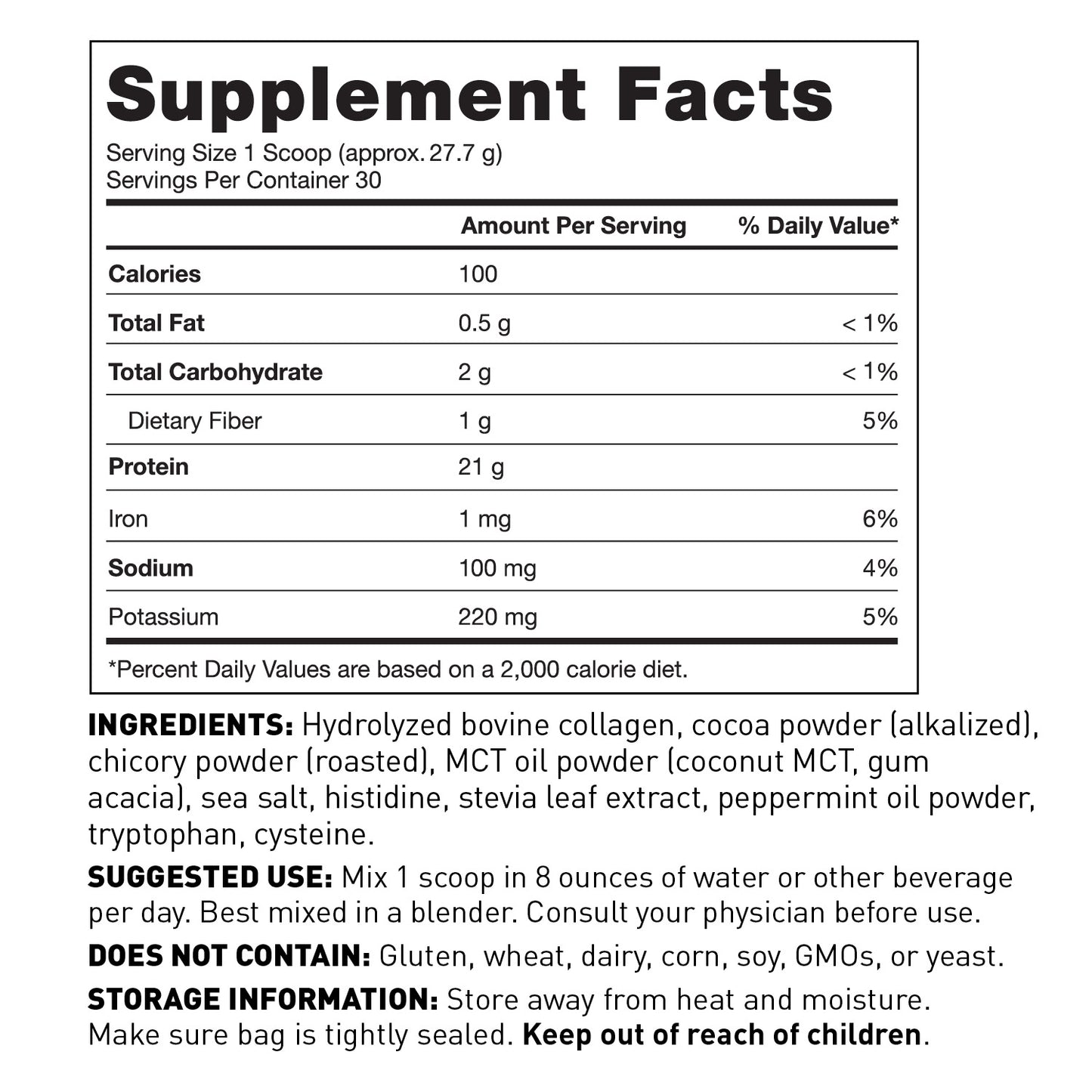 Supplement Facts Panel - AMMD Paleo Protein Peppermint Mocha. 