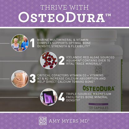 Thrive with OsteaDura Bone Health Supplement. Marine Multimineral & Vitamin, Vitamin D and K1 & K2, Magnesium and Icelandic Red Algae - Infographic - Amy Myers MD®